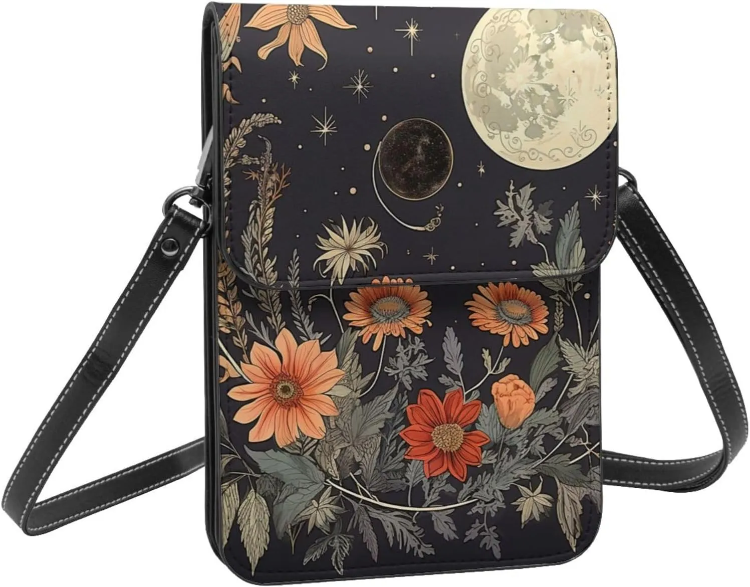 Boho plant moon phase flower vintage crossbody cell phone purse for womens lightweight small soft leather fashion travel wallet with adjustable strap