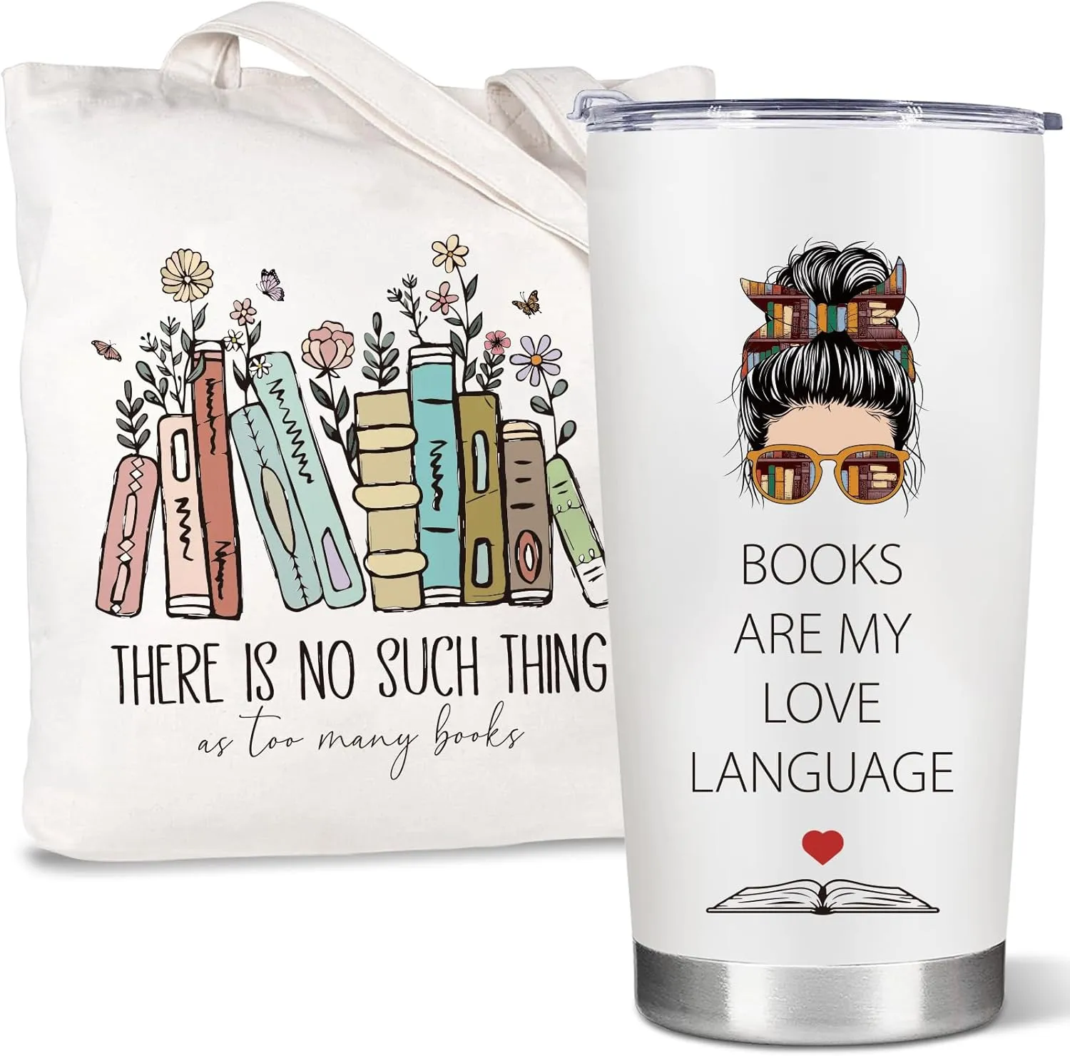 Bookworm Gifts for Readers Book Lovers Women, Book Themed Librarian Gifts, Bookish Tote Bag & Travel Coffee Tumbler Set, Book Nerd Birthday Valentines Presents, Book Club Things Reading Accessories