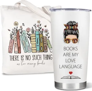 Bookworm Gifts for Readers Book Lovers Women, Book Themed Librarian Gifts, Bookish Tote Bag & Travel Coffee Tumbler Set, Book Nerd Birthday Valentines Presents, Book Club Things Reading Accessories