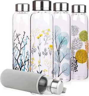 Borosilicate Glass Water Bottle, Sports Glass Drinking Bottle with Neoprene Sleeve and Stainless Steel Lid 16oz / 32oz (16oz, Blooming Branches)