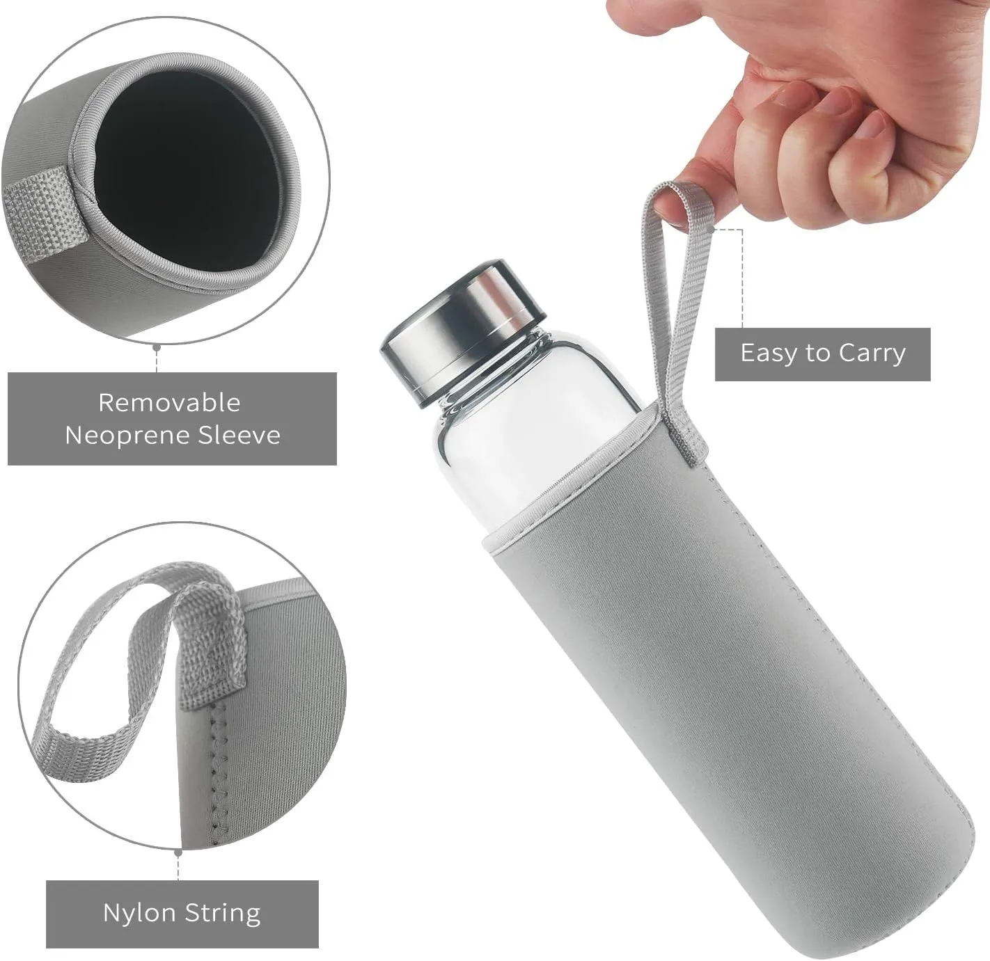 Borosilicate Glass Water Bottle, Sports Glass Drinking Bottle with Neoprene Sleeve and Stainless Steel Lid 16oz / 32oz (16oz, Tree Branches)