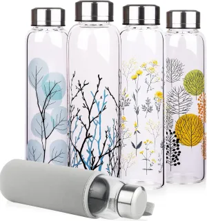 Borosilicate Glass Water Bottle, Sports Glass Drinking Bottle with Neoprene Sleeve and Stainless Steel Lid 16oz / 32oz (16oz, Tree Branches)