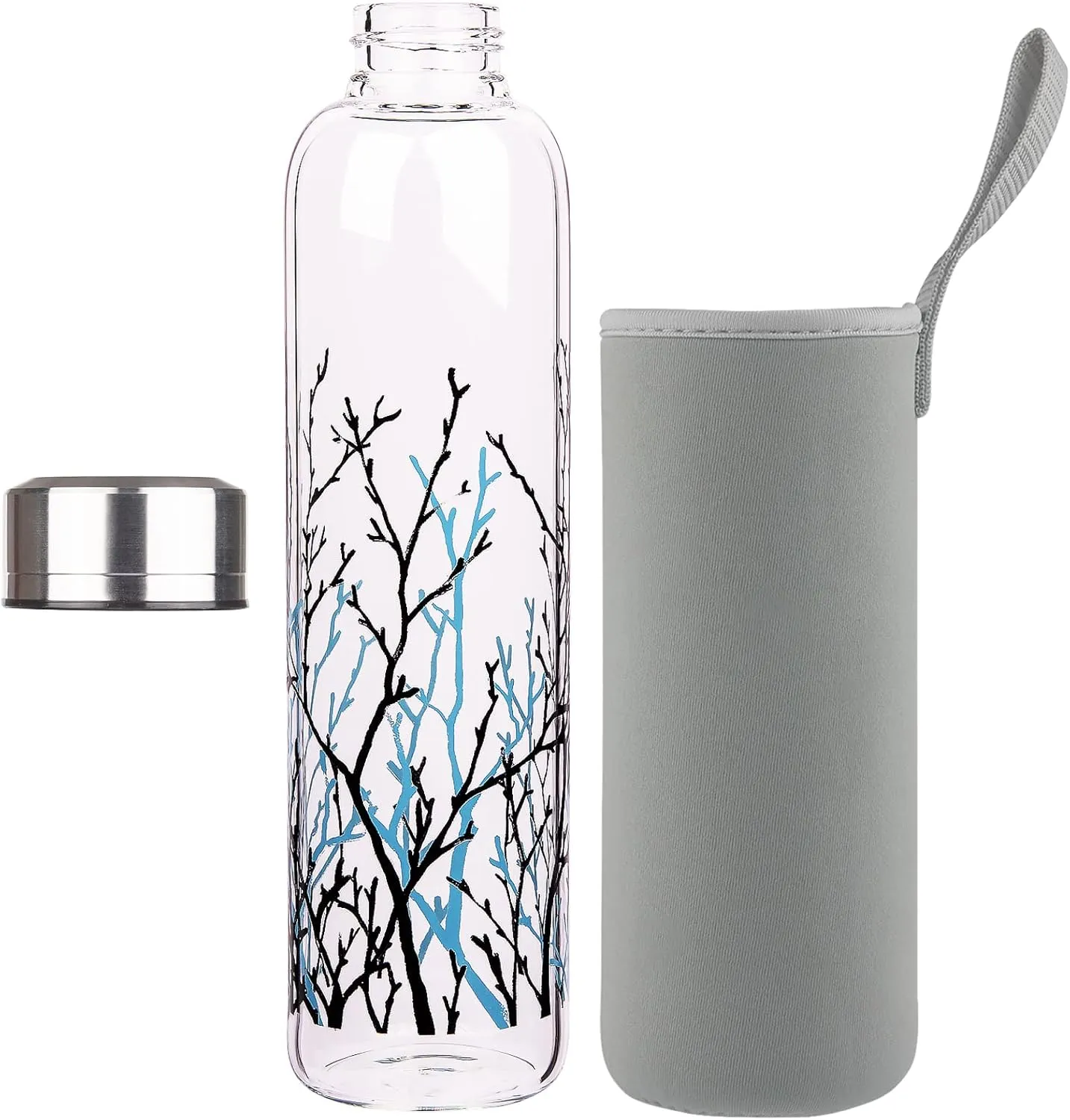 Borosilicate Glass Water Bottle, Sports Glass Drinking Bottle with Neoprene Sleeve and Stainless Steel Lid 16oz / 32oz (16oz, Tree Branches)