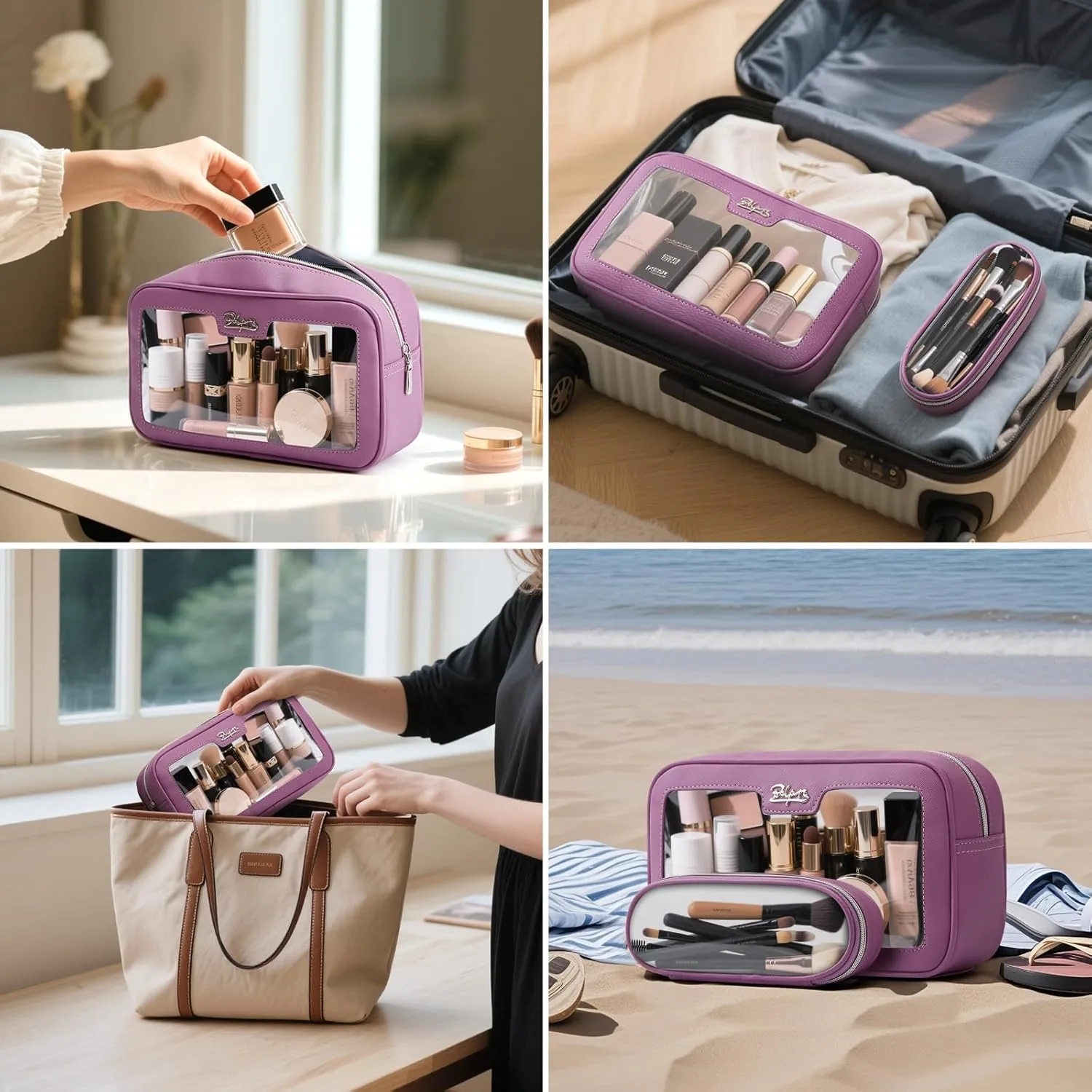 BOYATU Makeup Bag Travel Cosmetic Bag: 2 Pcs Set Large Capacity Make up Bags for Women - Waterproof Clear Toiletry Bags for Vacation Essentials (02-Purple)