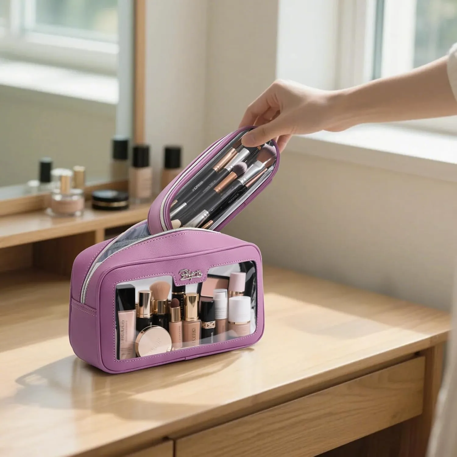 BOYATU Makeup Bag Travel Cosmetic Bag: 2 Pcs Set Large Capacity Make up Bags for Women - Waterproof Clear Toiletry Bags for Vacation Essentials (02-Purple)