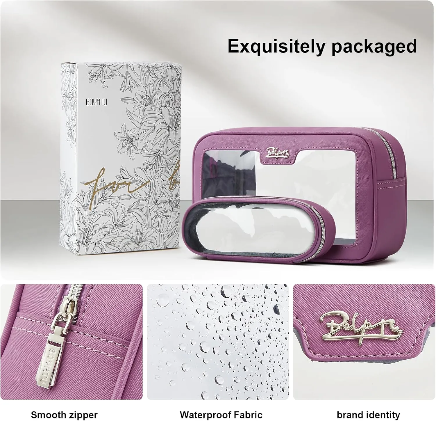 BOYATU Makeup Bag Travel Cosmetic Bag: 2 Pcs Set Large Capacity Make up Bags for Women - Waterproof Clear Toiletry Bags for Vacation Essentials (02-Purple)