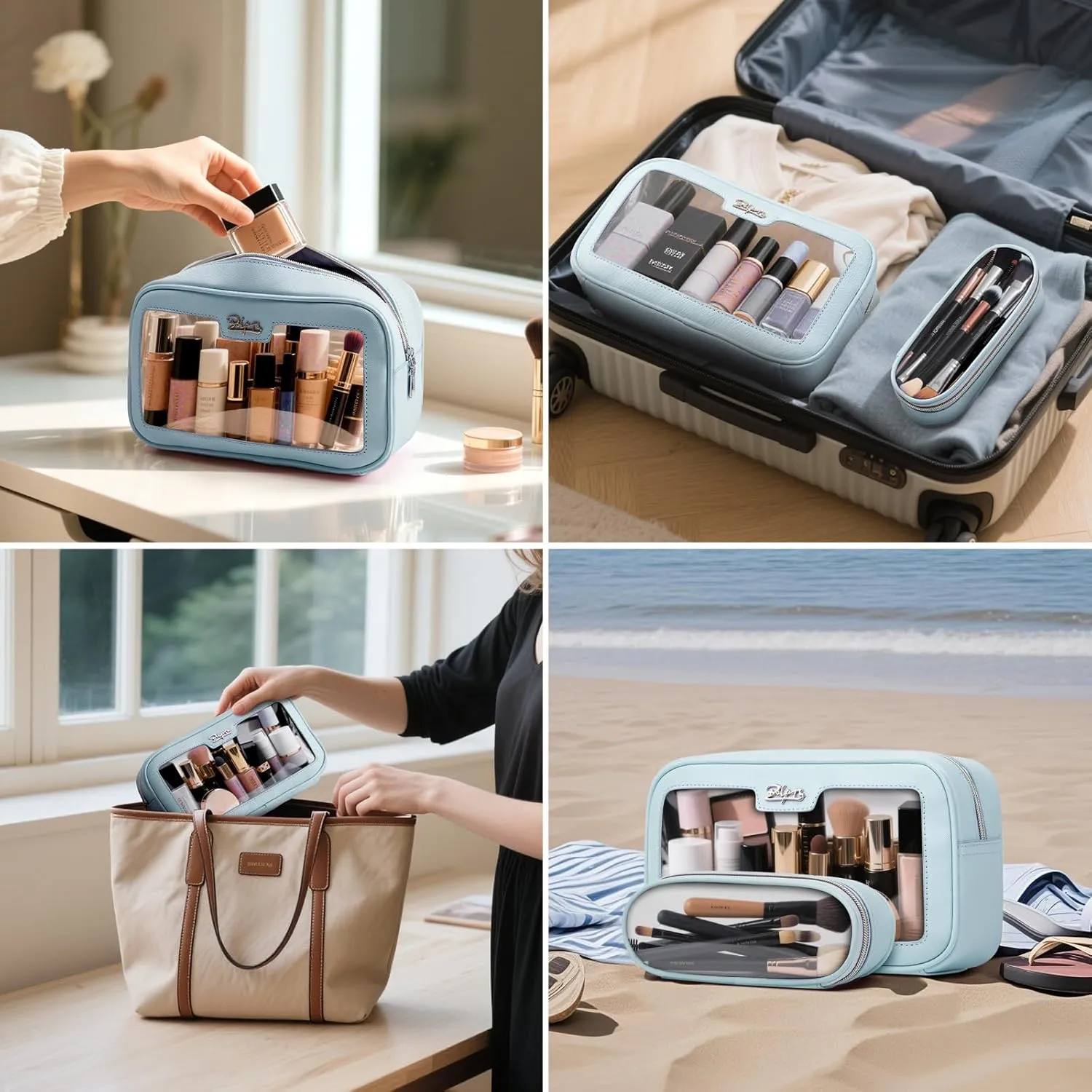 BOYATU Makeup Bag Travel Cosmetic Bag: 2 Pcs Set Large Capacity Make up Bags for Women - Waterproof Clear Toiletry Bags for Vacation Essentials (04-Blue)