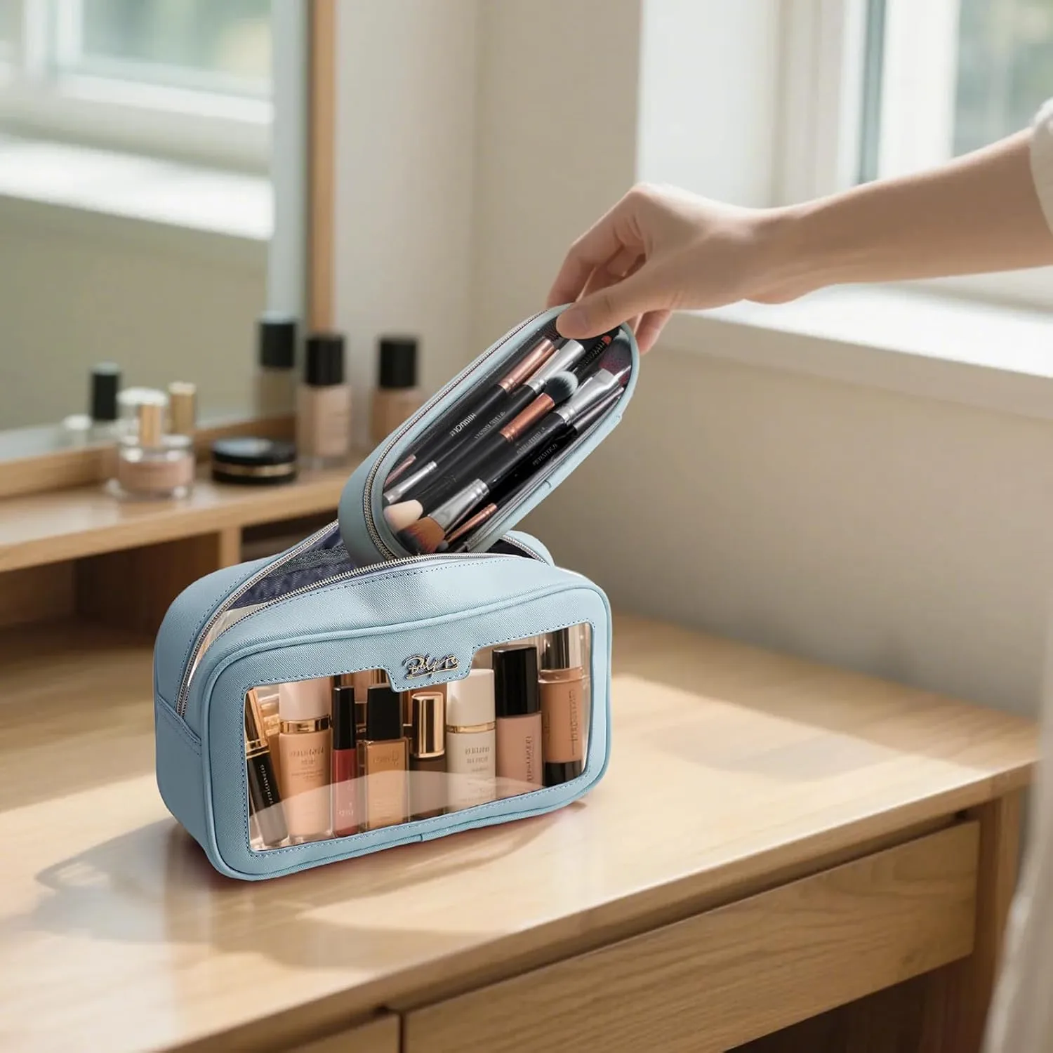 BOYATU Makeup Bag Travel Cosmetic Bag: 2 Pcs Set Large Capacity Make up Bags for Women - Waterproof Clear Toiletry Bags for Vacation Essentials (04-Blue)