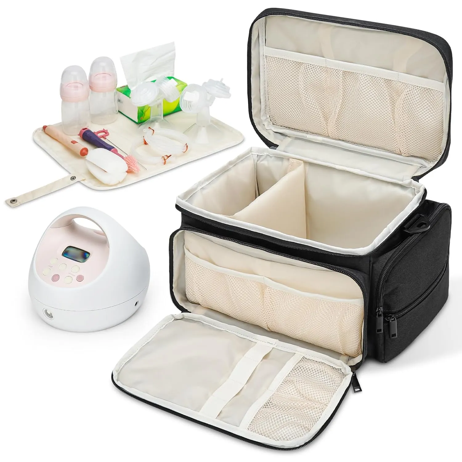 Breast Pump Bag Fit for Spectra S1 and S2, Pumping Bag with Waterproof Mat for Pump Accessories, Portable Pump Carrying Case for Work, Travel and Family Use, Black