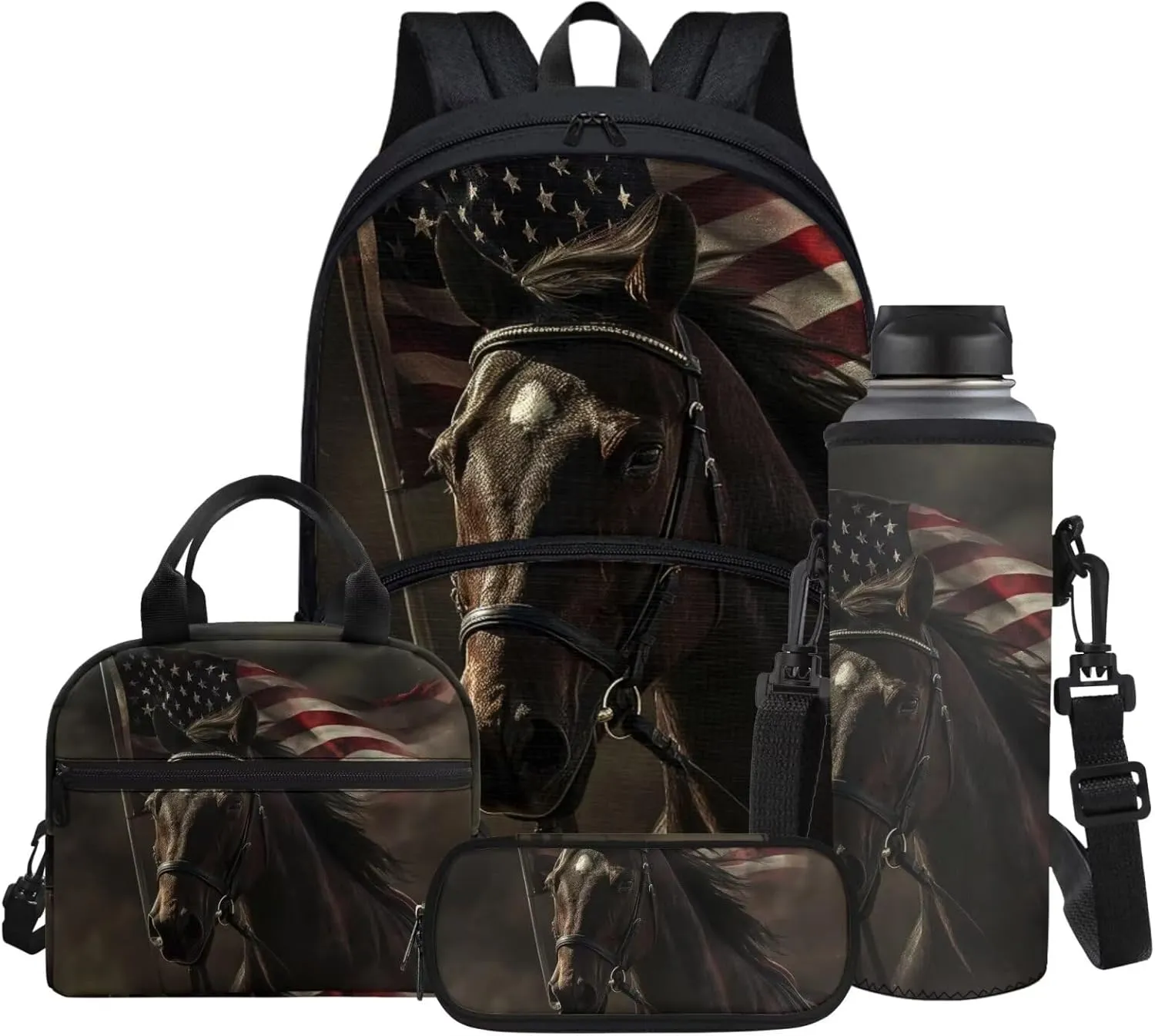Brown Horse Pattern 4th of July Backpack for Boys School Bags Set with Insulated Lunch Bag Cooler Water Bottle Sleeve Pencil Pen Case 4 Pieces for Teenage Student
