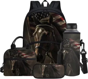 Brown Horse Pattern 4th of July Backpack for Boys School Bags Set with Insulated Lunch Bag Cooler Water Bottle Sleeve Pencil Pen Case 4 Pieces for Teenage Student