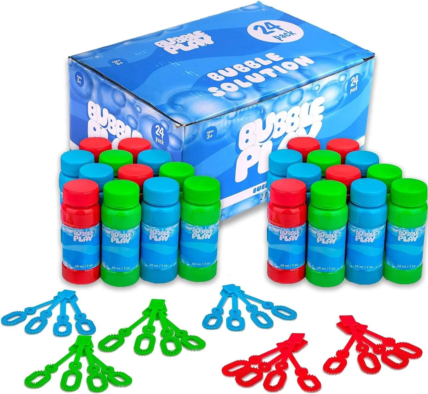 BubblePlay Bubble Blower Bottles with Wands - 24 Pack 2 Oz Bottles of Bubble Solution with Wands for Kids - Outdoor Summer Fun, Birthday Party Favors (24 Pack)