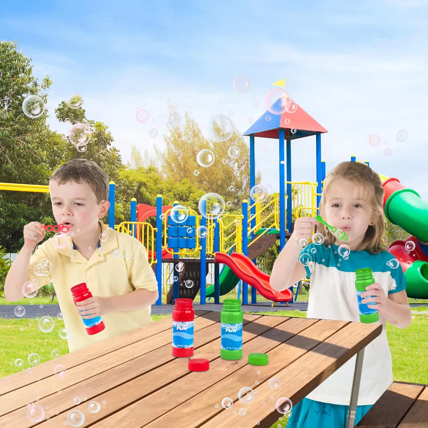 BubblePlay Bubble Blower Bottles with Wands - 24 Pack 2 Oz Bottles of Bubble Solution with Wands for Kids - Outdoor Summer Fun, Birthday Party Favors (24 Pack)