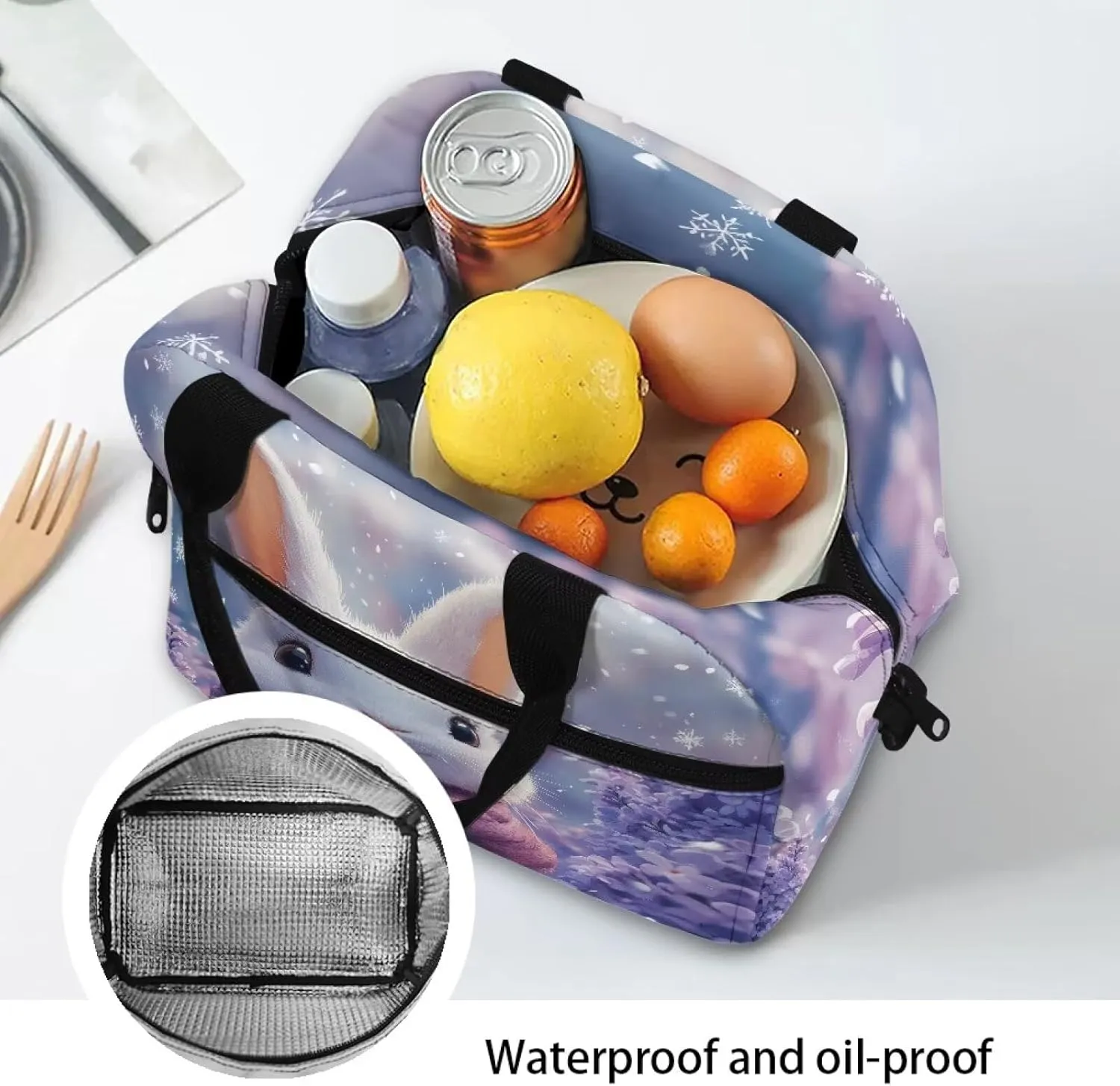 Bunny Lunch Tote Bag Reusable Girls Camping Lunch Tote Bags with Top Handle Waterptoof Lining Lunbox Pouch for School Crossbody Purse for Traveling