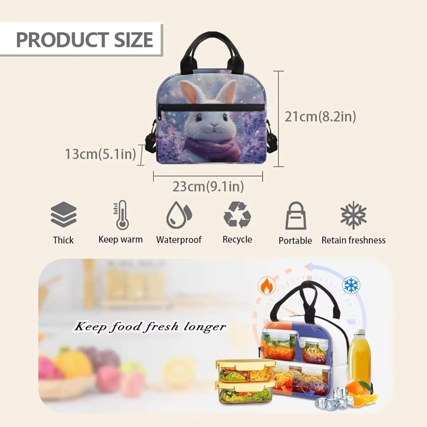 Bunny Lunch Tote Bag Reusable Girls Camping Lunch Tote Bags with Top Handle Waterptoof Lining Lunbox Pouch for School Crossbody Purse for Traveling