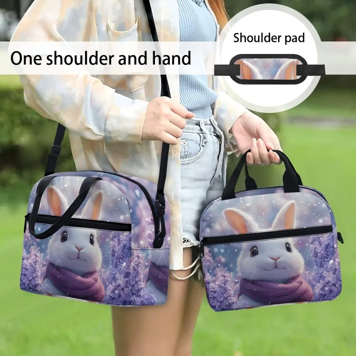 Bunny Lunch Tote Bag Reusable Girls Camping Lunch Tote Bags with Top Handle Waterptoof Lining Lunbox Pouch for School Crossbody Purse for Traveling
