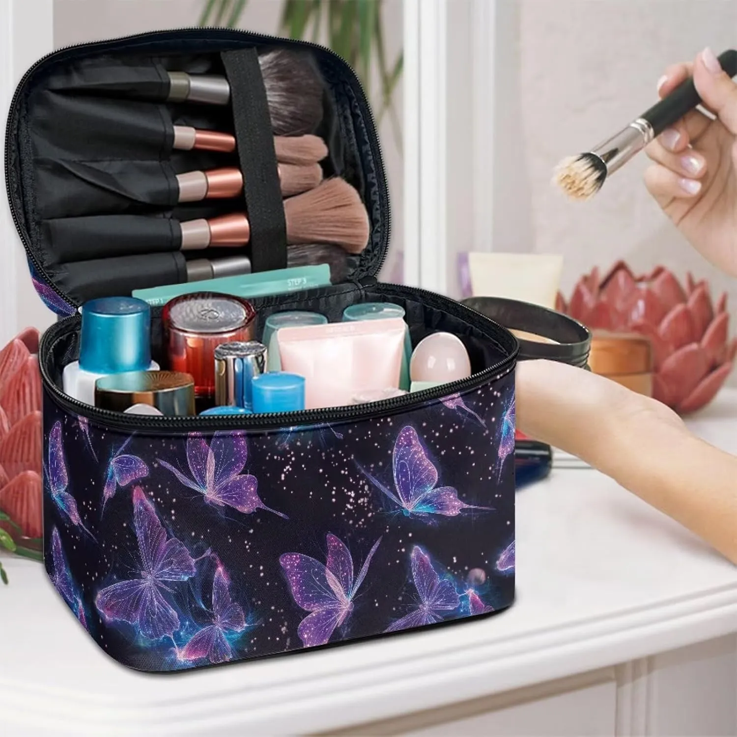 Butterfly Travel Toiletry Bag Large Chic Purple Pattern Print Travel Cosmetics Bags Black Womens Large Capacity Makeup Organizer for Outdoors