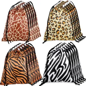 Cabaubl Jungle Themed Drawstring Bags,12 Pack Animal Party Favor Bags,Drawstring Backpack Goodie Bags,Treat Bags Gift Bags for Zoo Theme Birthday Party Supplies(4 Designs)