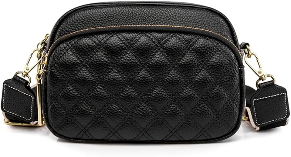 Camera Crossbody Bag for Women Genuine Leather Wide Strap Shoulder Bag Purse Trendy Design Camera Purse Crossbody Top Zip
