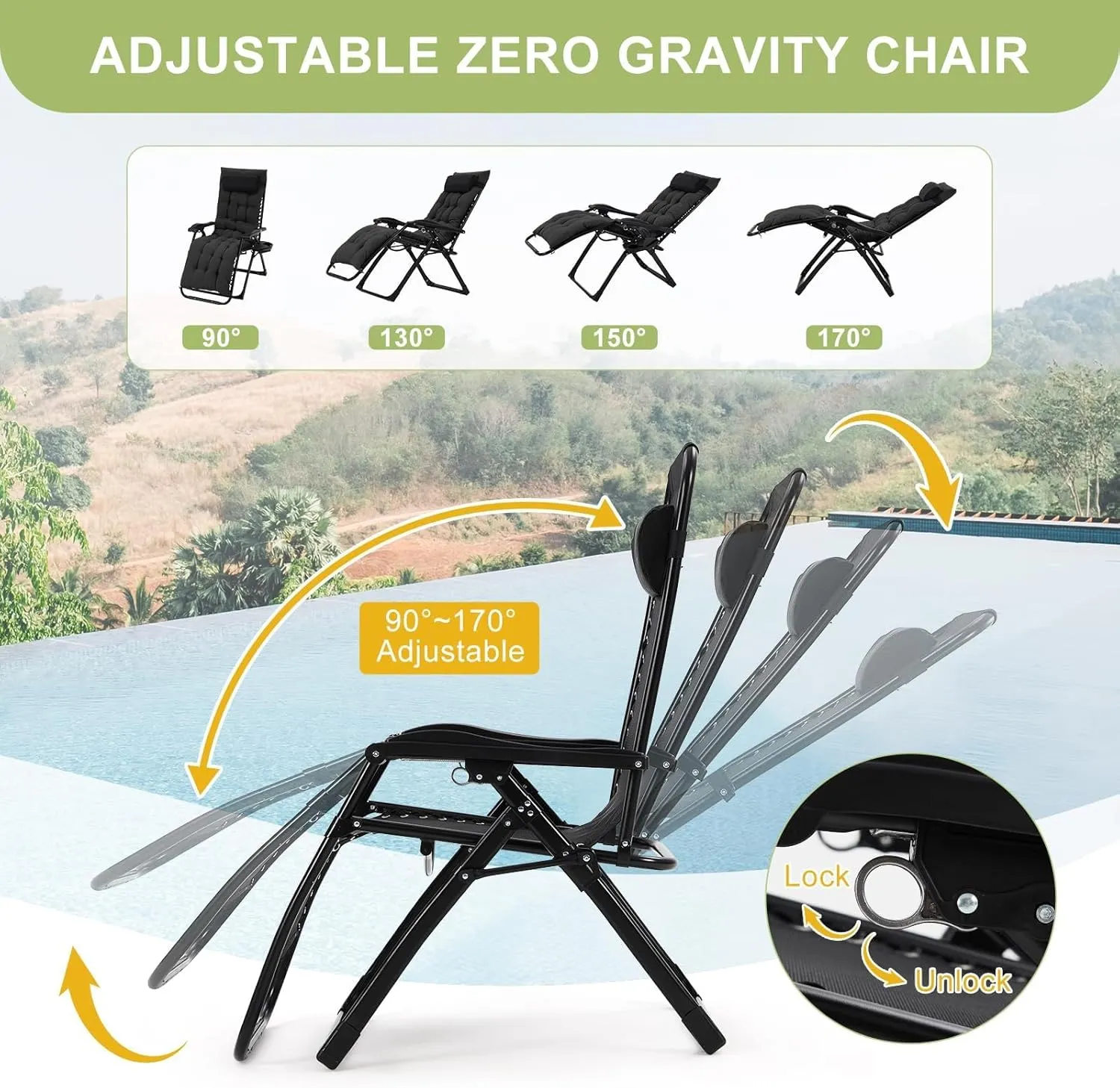 Camping Chair, Outdoor Padded Lounge Chair, 26 Inch Recliner with Detachable Cushion, Supports 440 Lbs, for Camping, Patio, Poolside, Lawn