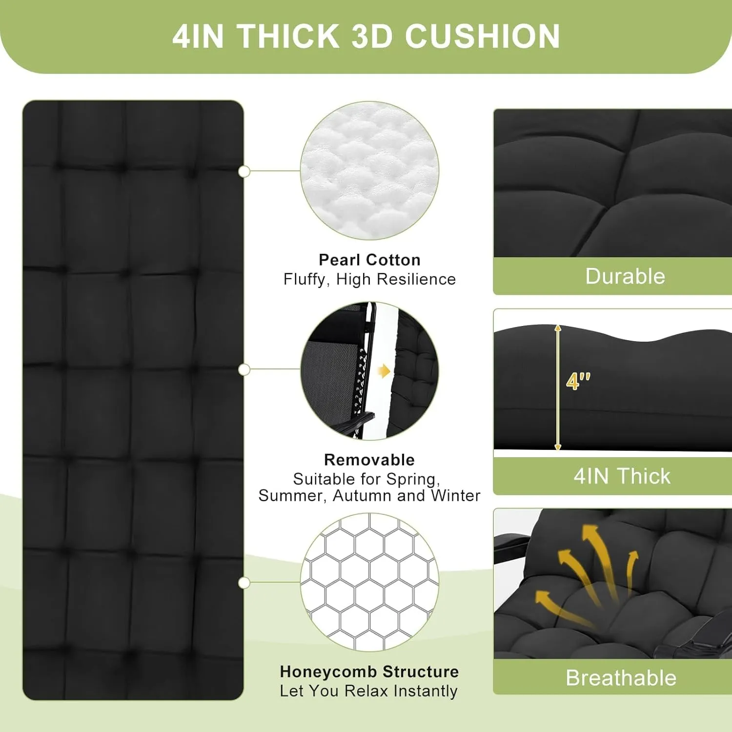 Camping Chair, Outdoor Padded Lounge Chair, 26 Inch Recliner with Detachable Cushion, Supports 440 Lbs, for Camping, Patio, Poolside, Lawn