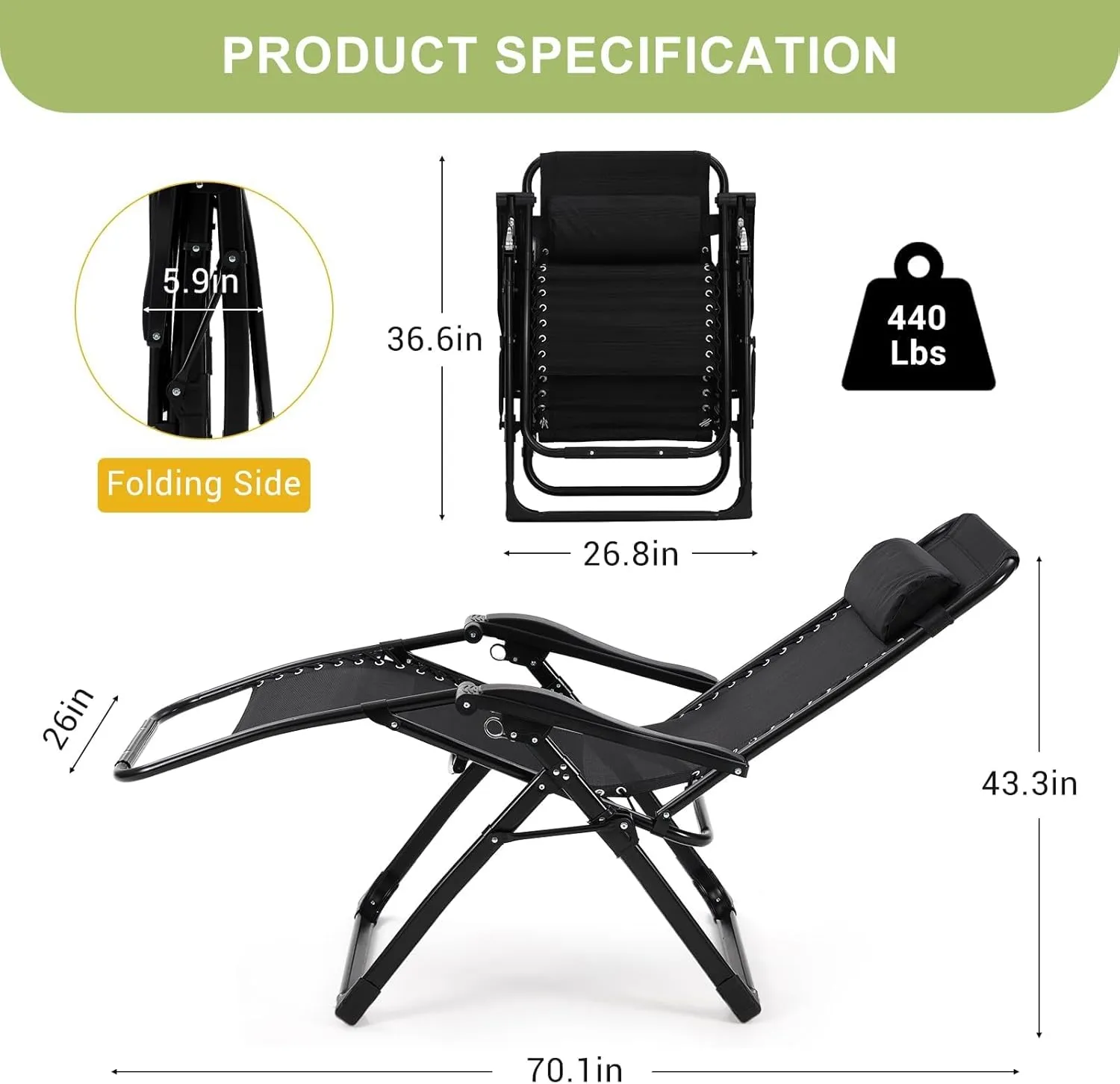 Camping Chair, Outdoor Padded Lounge Chair, 26 Inch Recliner with Detachable Cushion, Supports 440 Lbs, for Camping, Patio, Poolside, Lawn