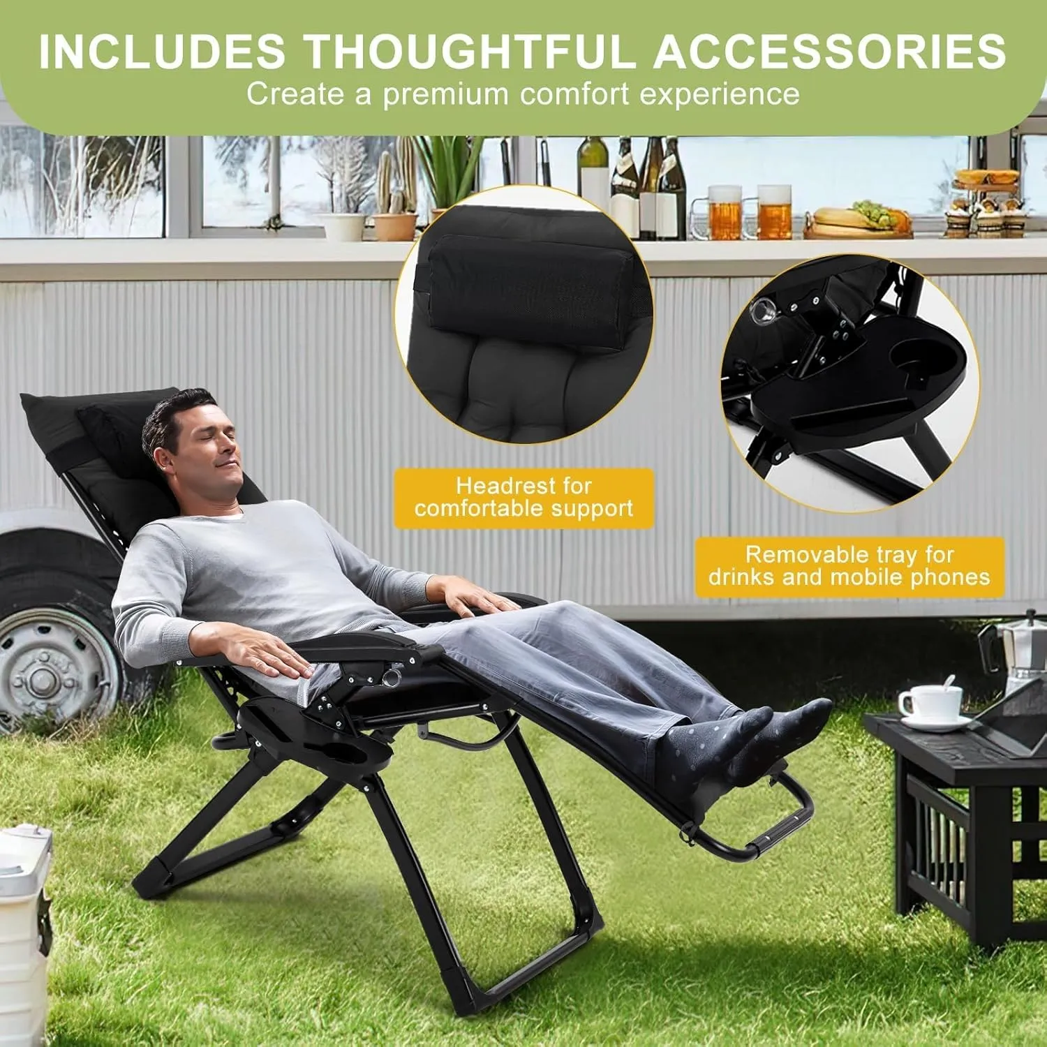 Camping Chair, Outdoor Padded Lounge Chair, 26 Inch Recliner with Detachable Cushion, Supports 440 Lbs, for Camping, Patio, Poolside, Lawn