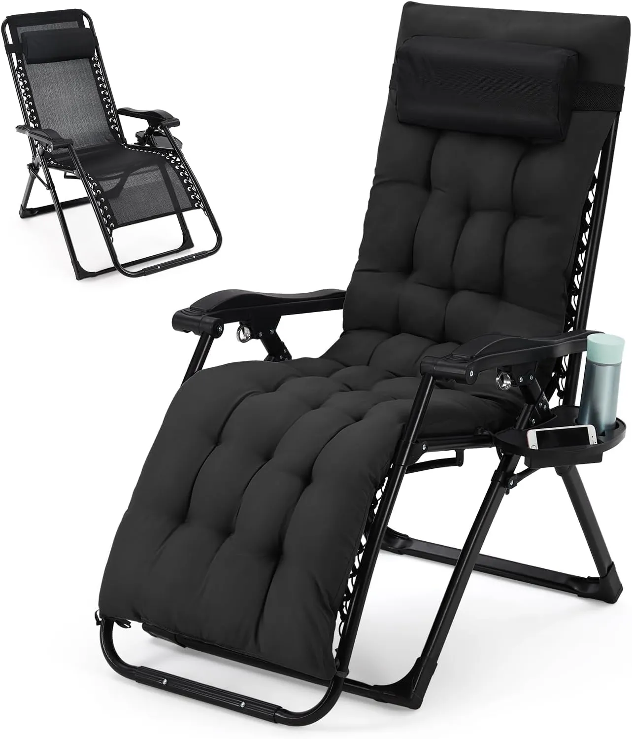 Camping Chair, Outdoor Padded Lounge Chair, 26 Inch Recliner with Detachable Cushion, Supports 440 Lbs, for Camping, Patio, Poolside, Lawn