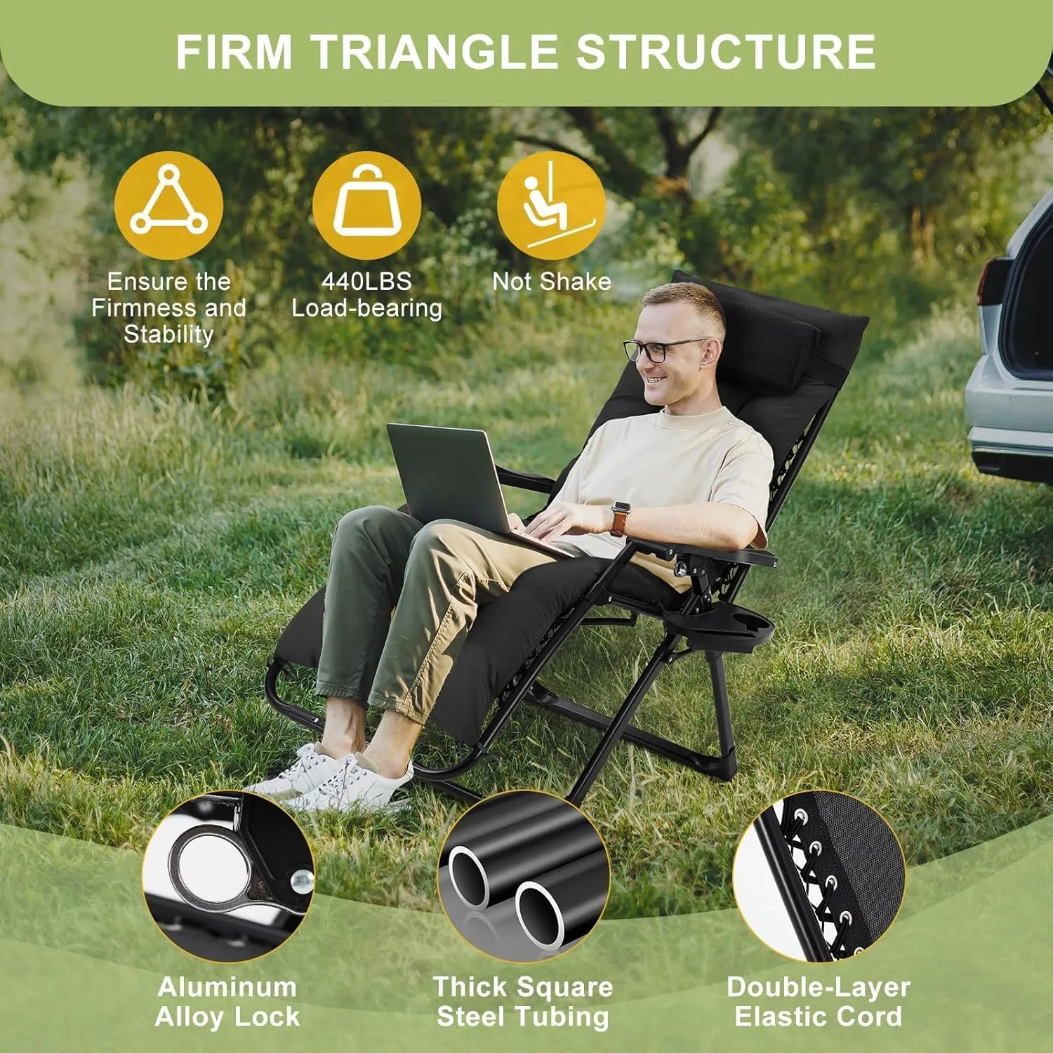 Camping Chair, Outdoor Padded Lounge Chair, 26 Inch Recliner with Detachable Cushion, Supports 440 Lbs, for Camping, Patio, Poolside, Lawn