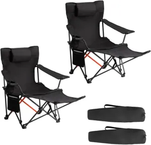 Camping Chair Reclining 2 Pack, Lightweight Folding Camping Chair with Adjustable Backrest & Removable Footrest, Camping Lounge Chair with Headrest, Cup Holder, Storage Bag, for Beach Lawn