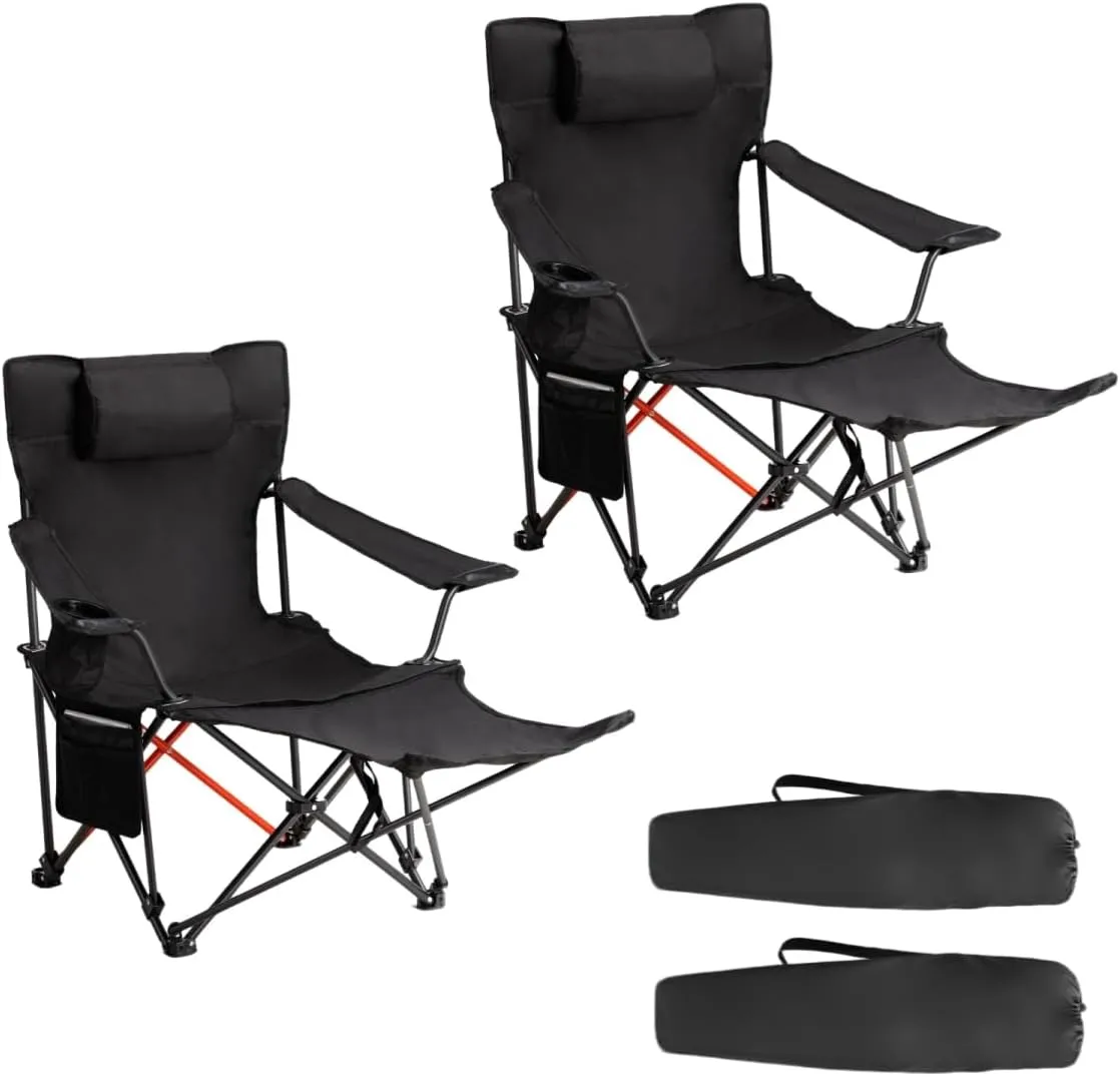 Camping Chair Reclining 2 Pack, Lightweight Folding Camping Chair with Adjustable Backrest & Removable Footrest, Camping Lounge Chair with Headrest, Cup Holder, Storage Bag, for Beach Lawn