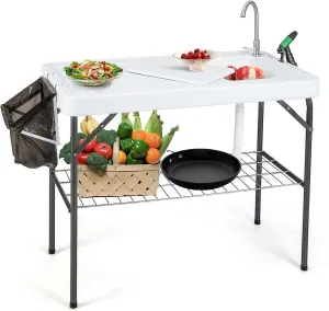 Camping Table, Folding Picnic Table, Portable Fish Cleaning Cutting Station with Grid Rack, Faucet, Spray Nozzle, Trash Bag, Drain Hose and Knife Slot, Outdoor Camping Sink Table, 150kg Capacity
