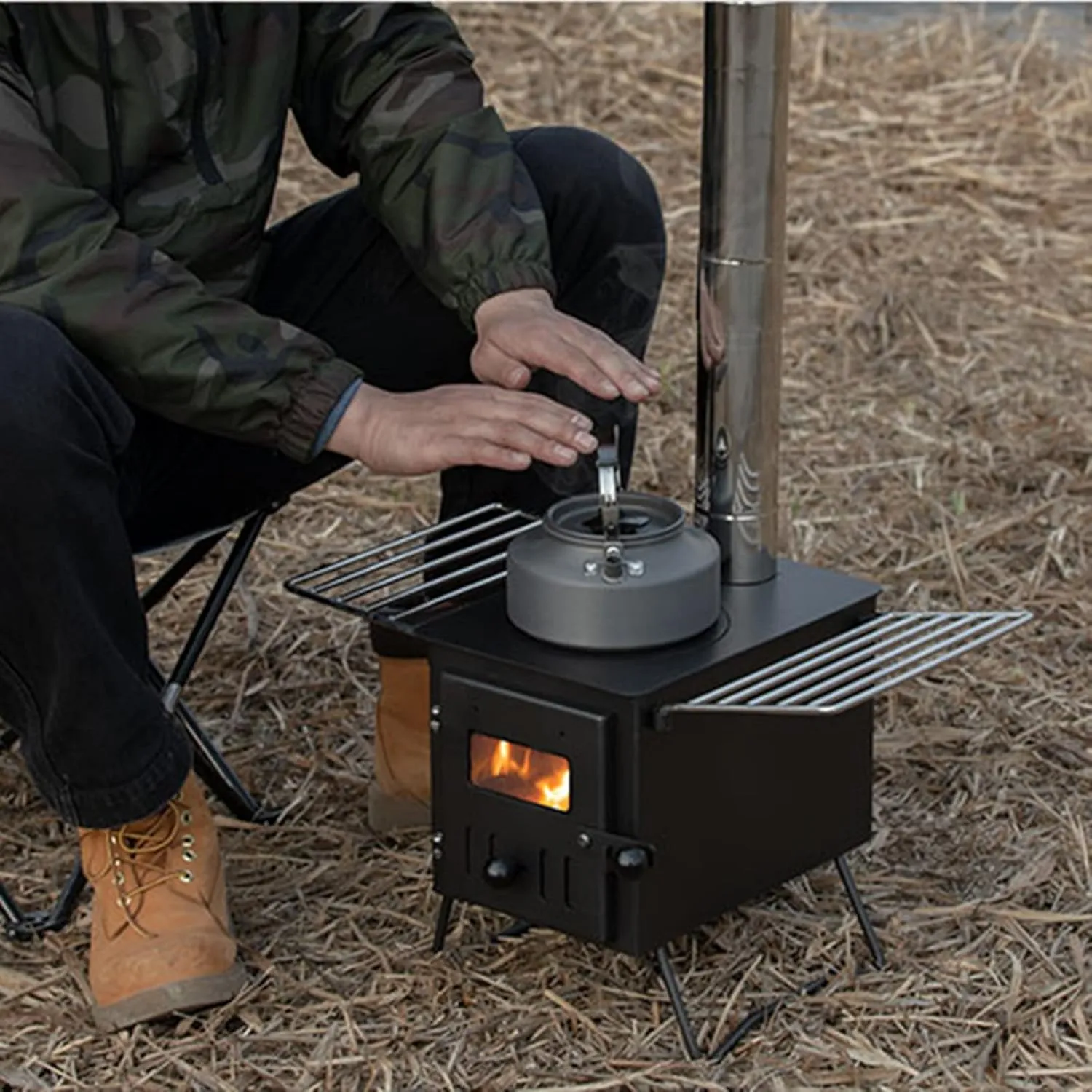 Camping Wood Stove, Portable Wood Burning Stove with Chimney Pipes for Outdoor Cooking and Heating