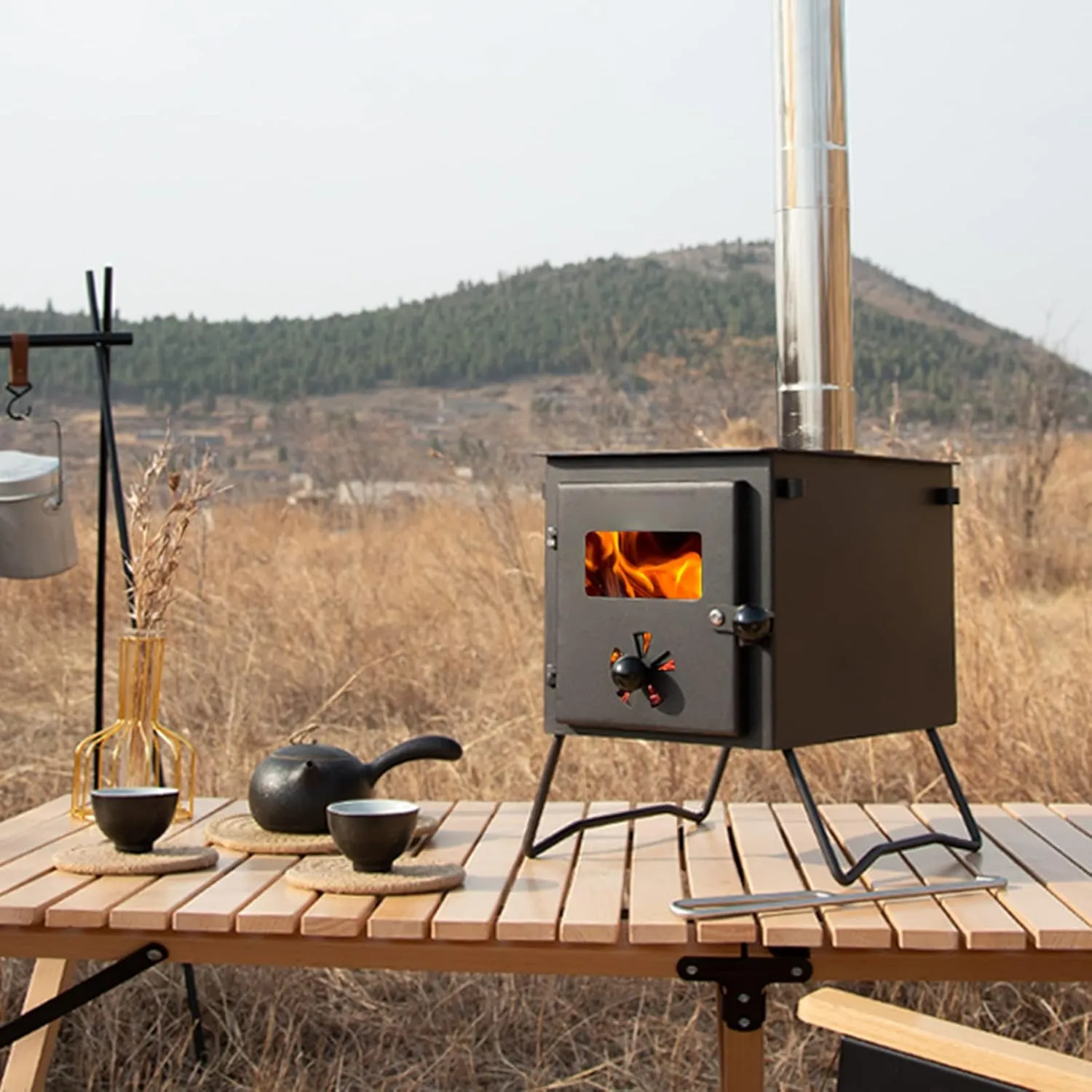 Camping Wood Stove, Portable Wood Burning Stove with Chimney Pipes for Outdoor Cooking and Heating