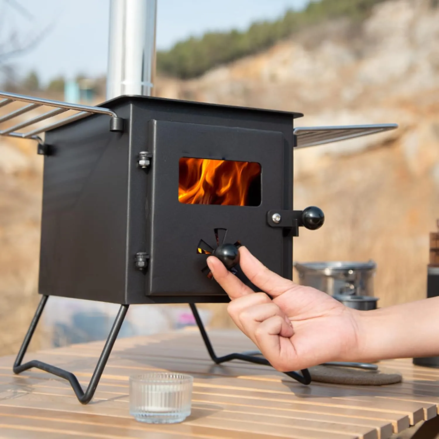 Camping Wood Stove, Portable Wood Burning Stove with Chimney Pipes for Outdoor Cooking and Heating