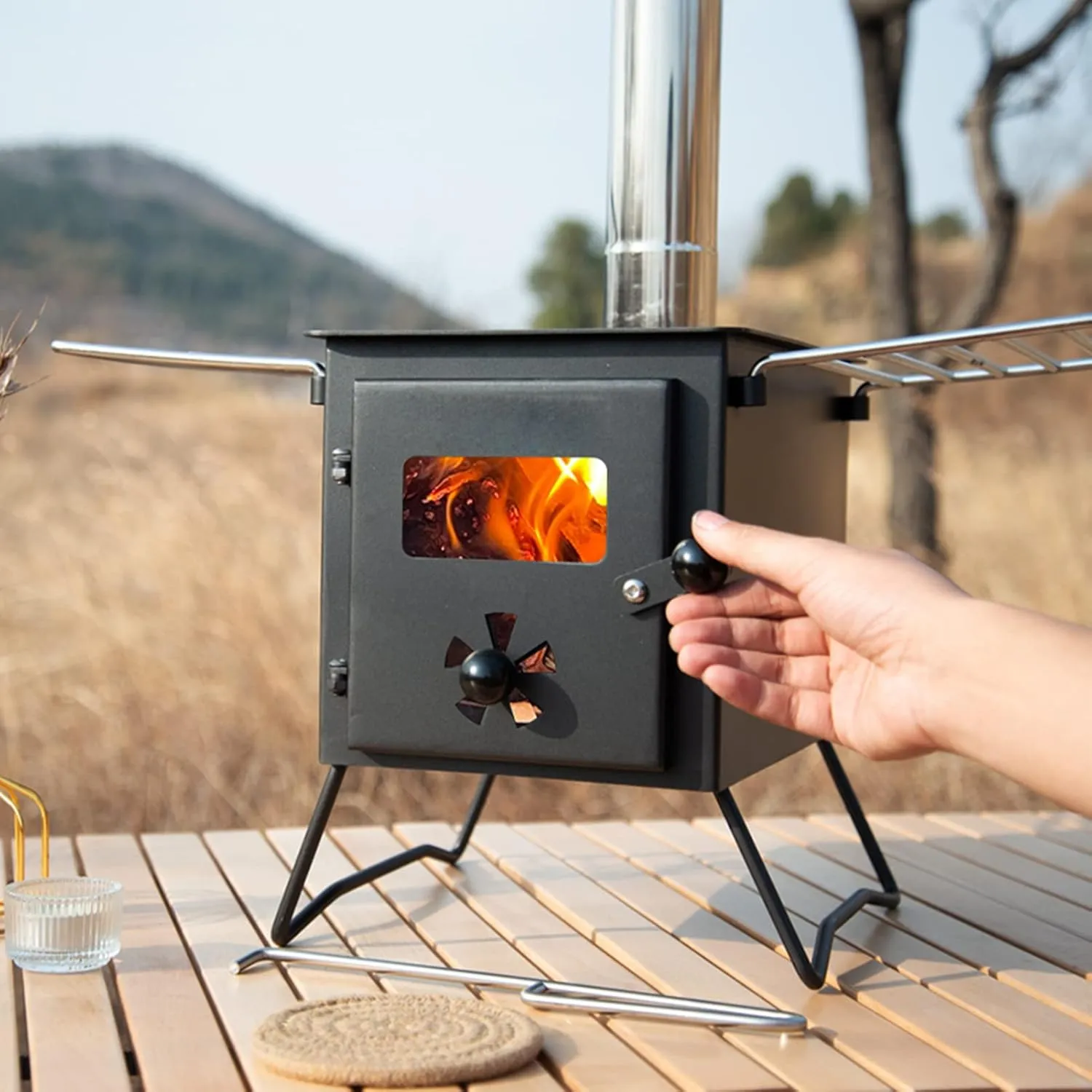 Camping Wood Stove, Portable Wood Burning Stove with Chimney Pipes for Outdoor Cooking and Heating