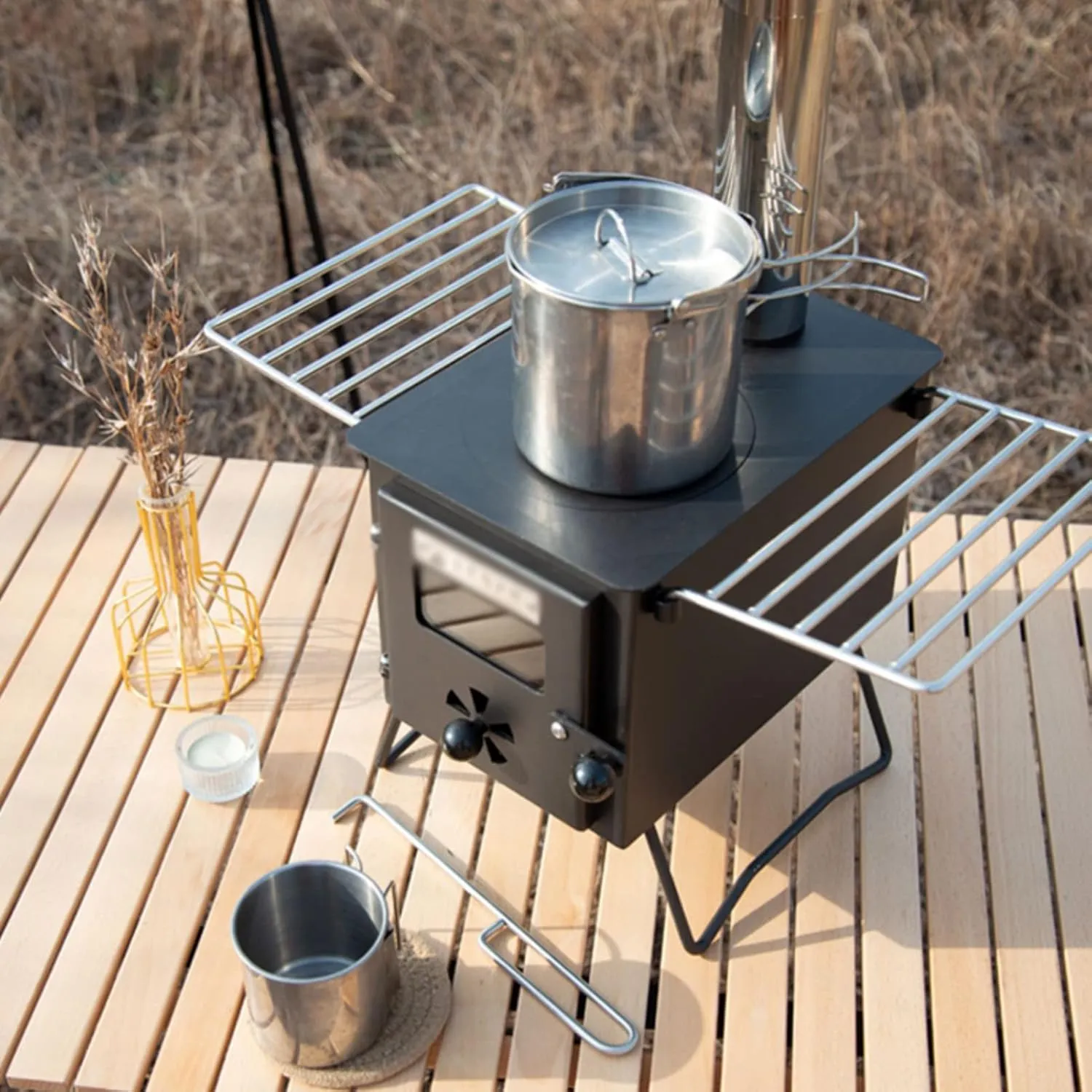 Camping Wood Stove, Portable Wood Burning Stove with Chimney Pipes for Outdoor Cooking and Heating
