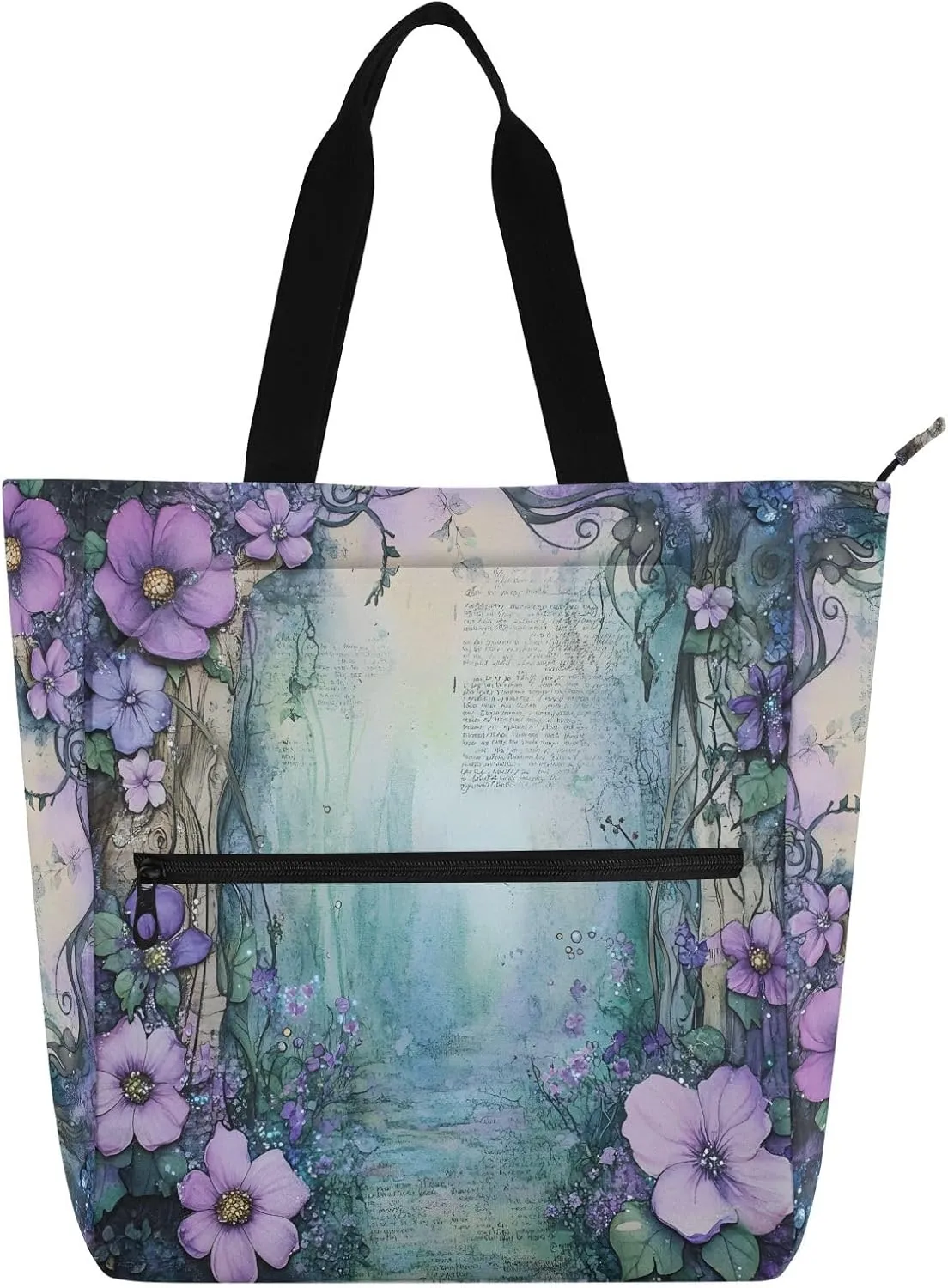 Canvas Tote Bag Aesthetic Kids Book Lovers Bag Reusable Grocery Shopping Bags Women Purple Flowers Path