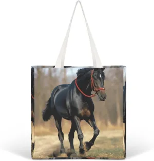 Canvas Tote Bag Lightweight Reusable Tote Handbag Horse on Lawn Shoulder Bag Grocery Shopping Bag
