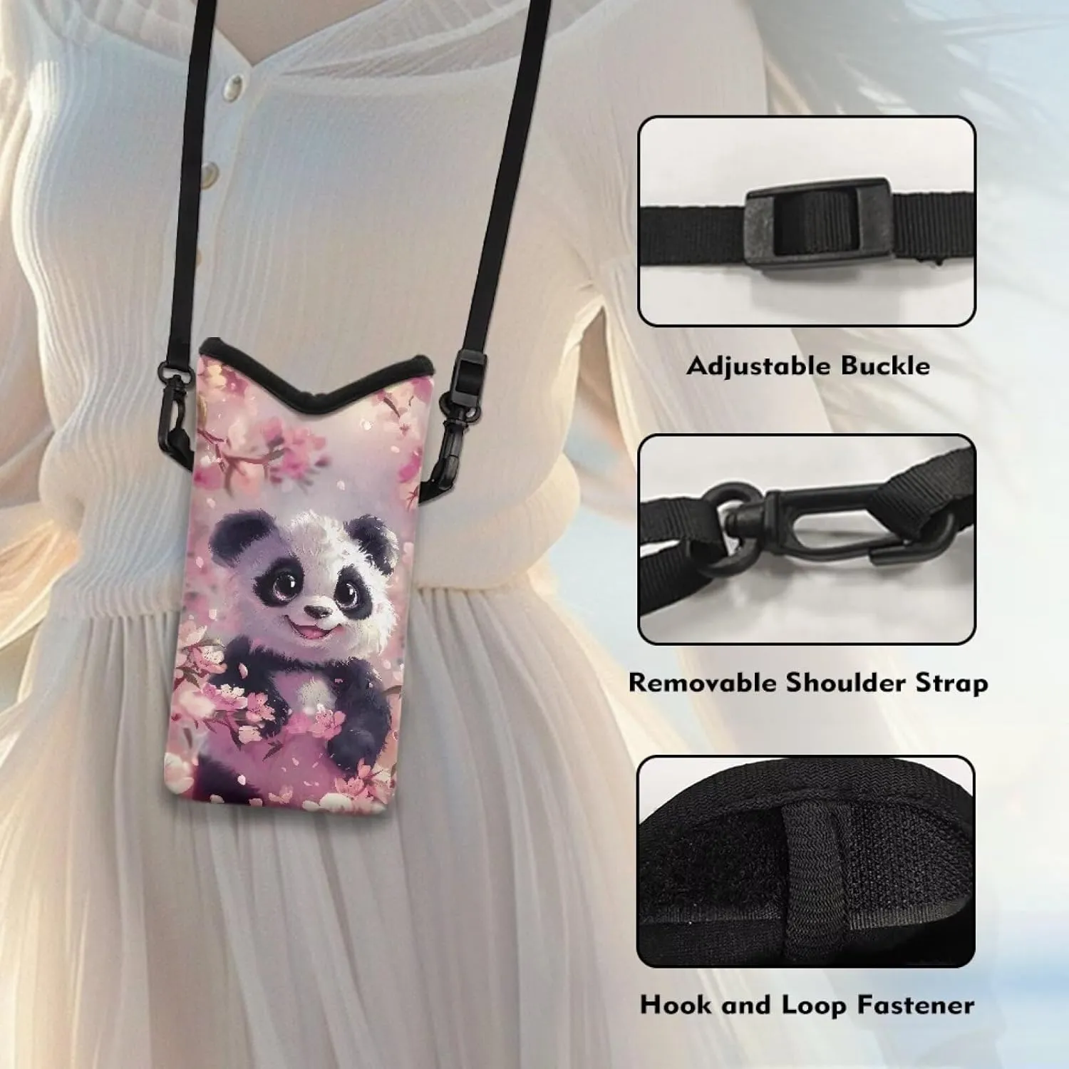 Cartoon Panda Sakura Print Cell Phone Holder Purse Cellphone Purse Crossbody Universal Phone Sleeve for Women Men with Neck Lanyard Phone Bag