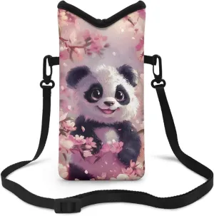 Cartoon Panda Sakura Print Cell Phone Holder Purse Cellphone Purse Crossbody Universal Phone Sleeve for Women Men with Neck Lanyard Phone Bag