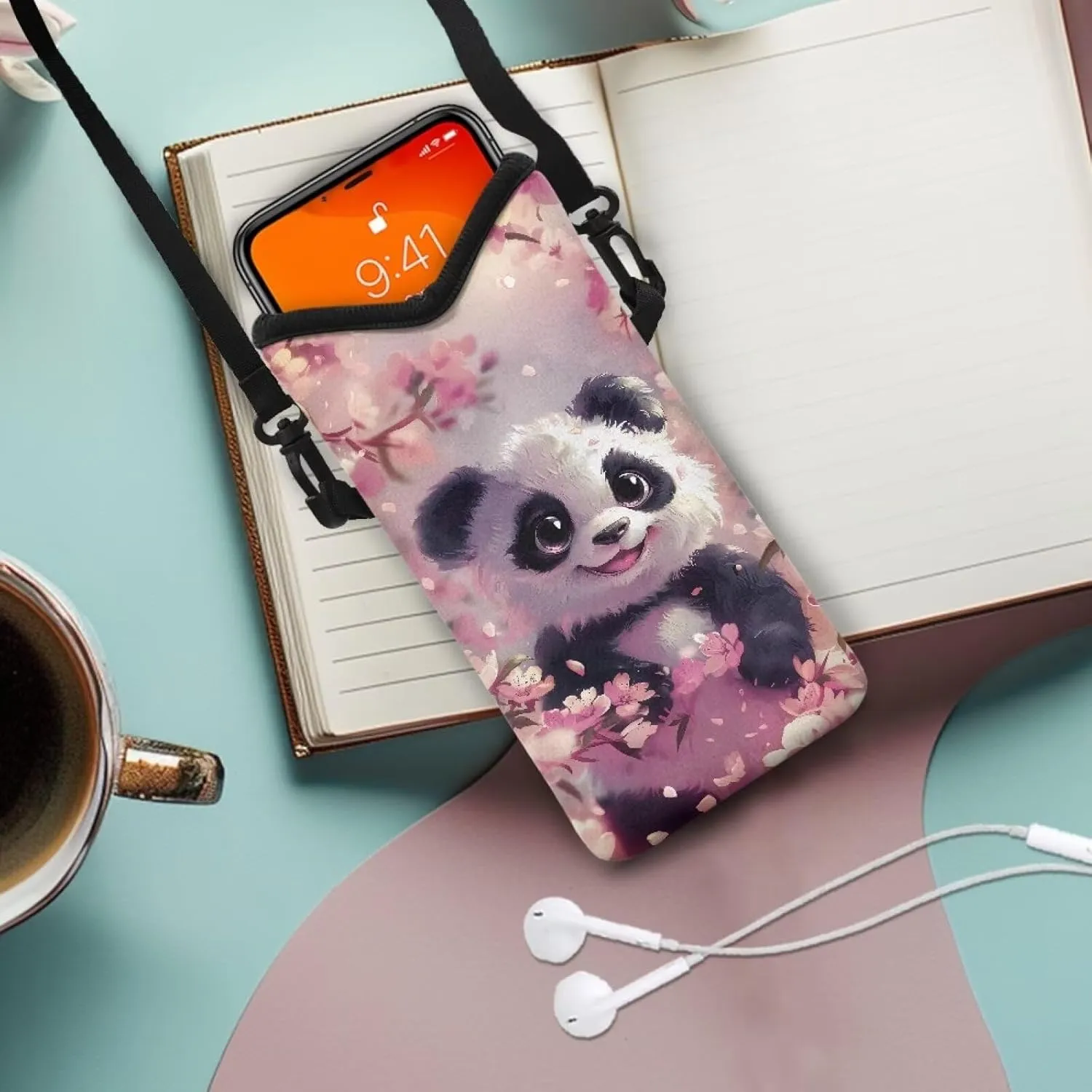 Cartoon Panda Sakura Print Cell Phone Holder Purse Cellphone Purse Crossbody Universal Phone Sleeve for Women Men with Neck Lanyard Phone Bag
