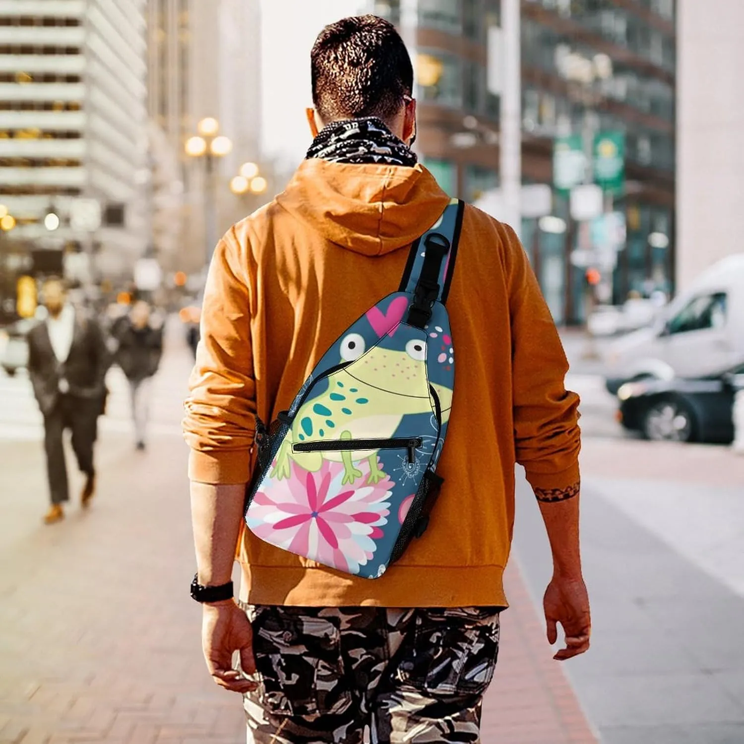 Casual Sling Backpack for Men - Chest Shoulder Crossbody Backpack, Gym Fanny Sack, Compatible with Frog In Love Pattern Satchel Travel Bag Outdoor Hiking Daypack