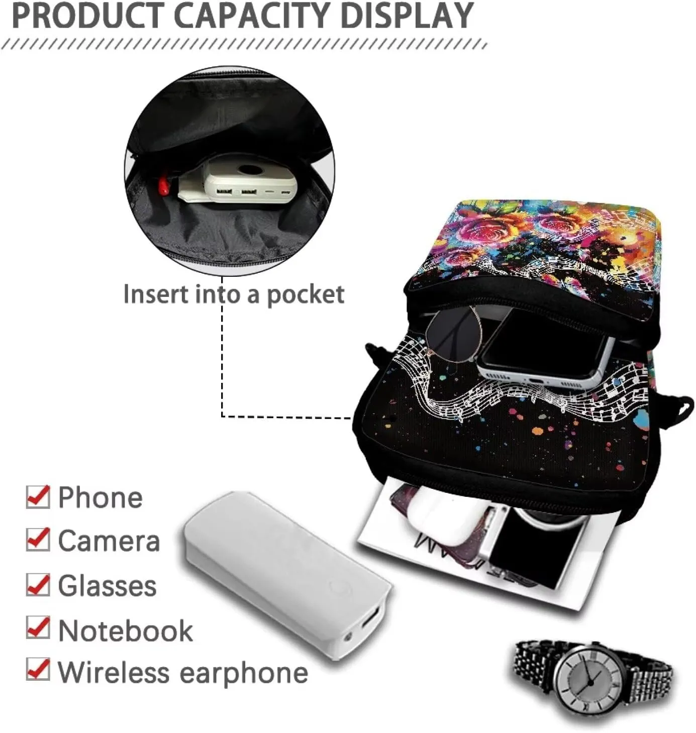 Causal Chest Bum Bag Cross Body Purse Straps Replacement Crossbody Purse Everywhere Belt Bag with Adjustable Strap Fanny Pack for Women Men, Floral Music Notes