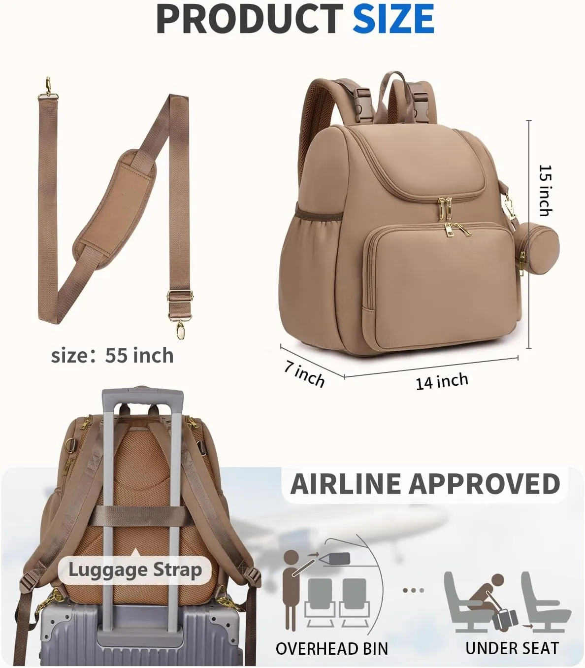 CEI-CEI Diaper Bag Small Diaper Backpack Mother‘s Day Neoprene Waterproof Baby Bags for Mom and Dad with Changing Pad Stowable Shoulder Strap Travel with Pacifier Case and Insulated Pockets (Oat)