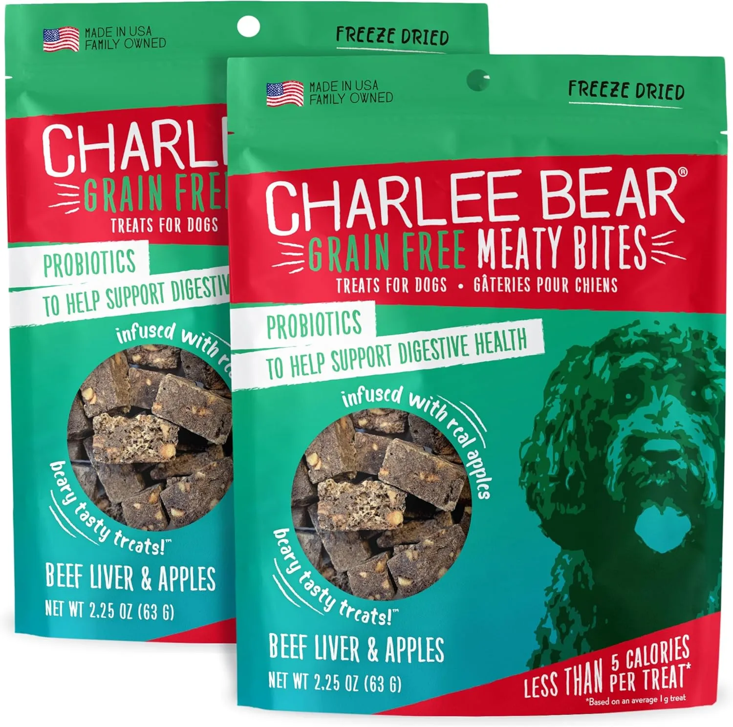 Charlee Bear Grain Free Meaty Bites Freeze Dried Dog Treats with Probiotics, Puppy Training Snacks, Soft Dog Bites Beef Liver with Apple, 2.25 oz Bags (2), Made USA