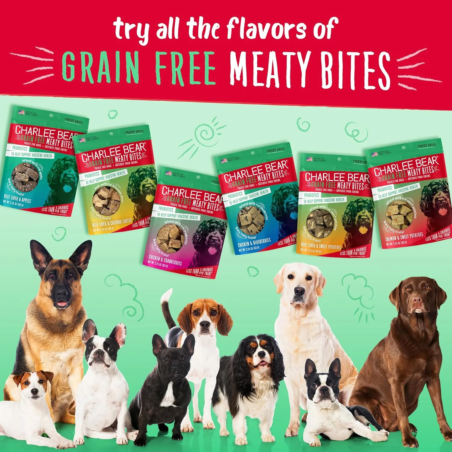 Charlee Bear Grain Free Meaty Bites Freeze Dried Dog Treats with Probiotics, Puppy Training Snacks, Soft Dog Bites Beef Liver with Apple, 2.25 oz Bags (2), Made USA