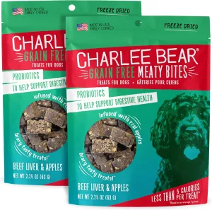 Charlee Bear Grain Free Meaty Bites Freeze Dried Dog Treats with Probiotics, Puppy Training Snacks, Soft Dog Bites Beef Liver with Apple, 2.25 oz Bags (2), Made USA