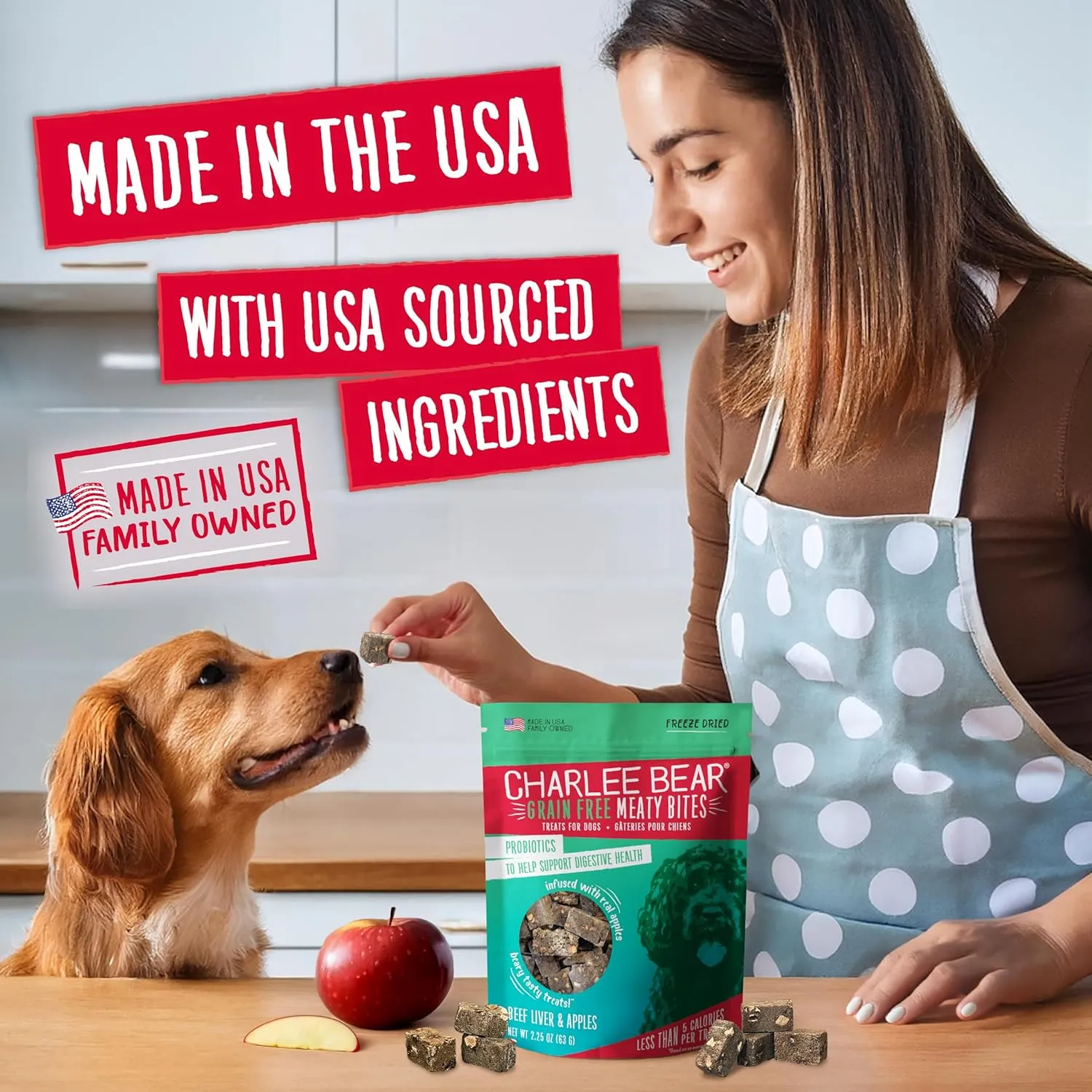 Charlee Bear Grain Free Meaty Bites Freeze Dried Dog Treats with Probiotics, Puppy Training Snacks, Soft Dog Bites Beef Liver with Apple, 2.25 oz Bags (2), Made USA