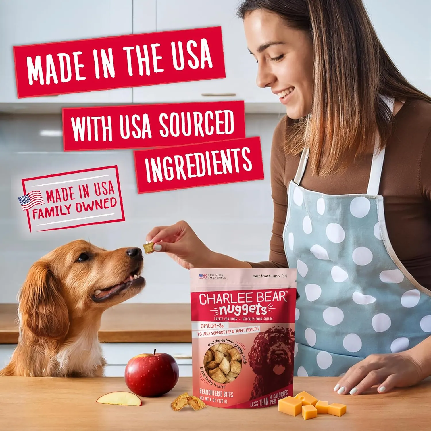 Charlee Bear Nuggets to Support Hip & Joint Health, Bearcuterie Bites with Omega 3s, Crunchy Outside and Creamy Inside, Real Apples, Cheese, & Honey, 6oz Bags (2), Made USA